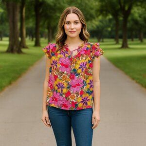 Rose + Olive Tropical Floral AOP Front Tie Short Sleeve Artsy Coastal Boho Top M